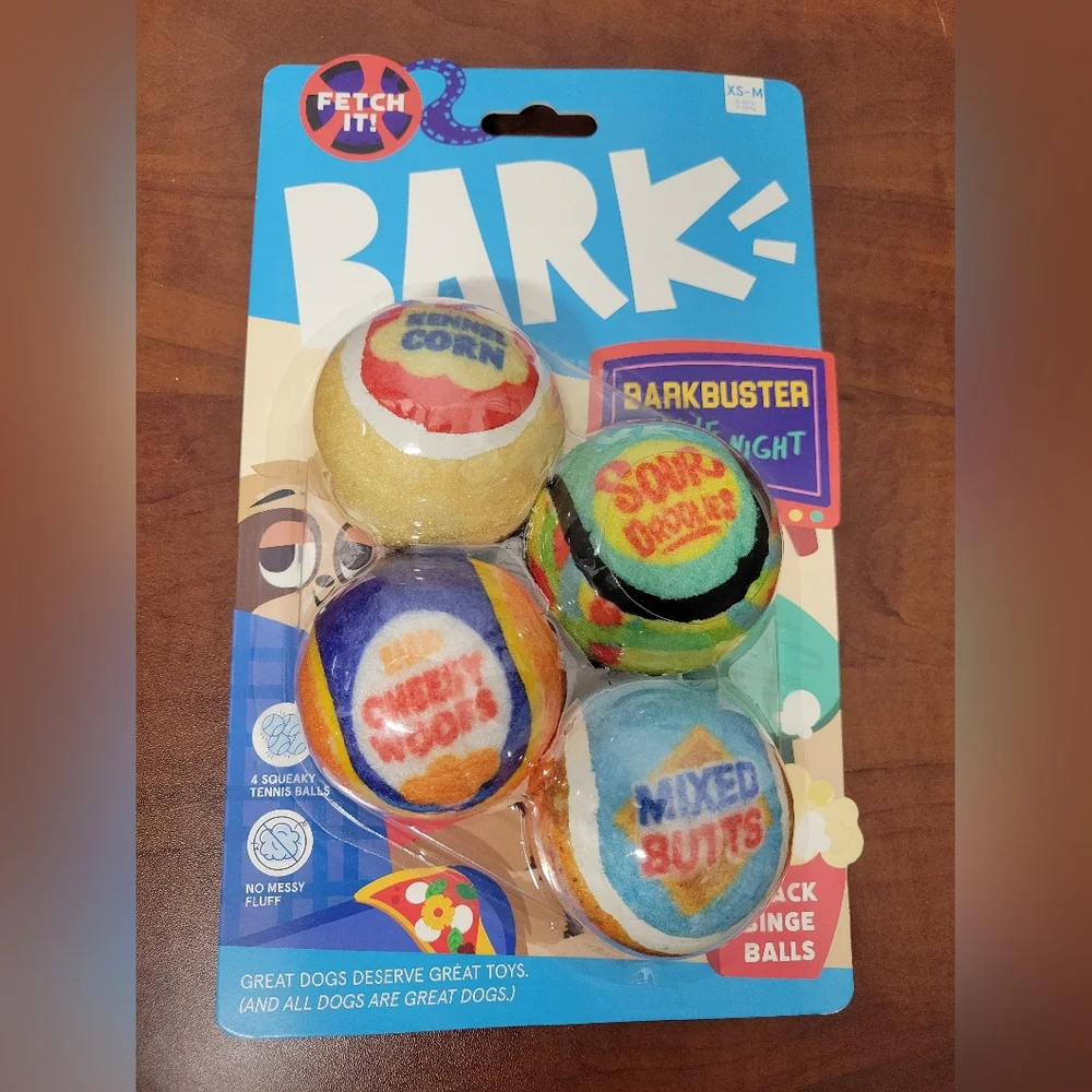 Bark Barkbuster Movie Night Dog Toys Squeak Fish And Tennis Balls Xs-Med Nwt